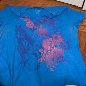 Blue shirt with horse and pink flowers